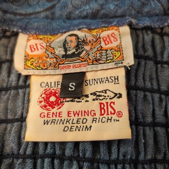 Vintage Boho Smocked Wrinkled Rich Denim Jacket Embroidered Gene Ewing BIS - Picture 5 of 8